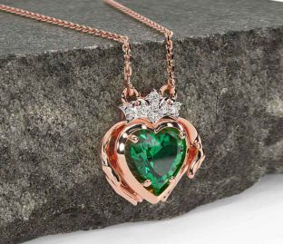 Diamond Emerald Rose Gold Silver Claddagh Necklace