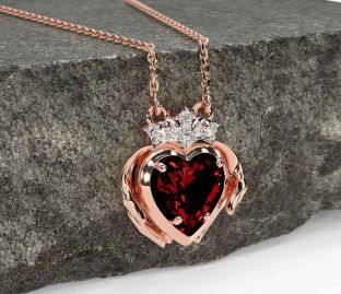 Diamond Garnet Rose Gold Silver Claddagh Necklace
