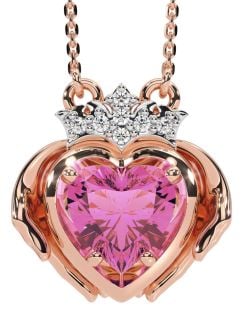 Diamond Pink Tourmaline Rose Gold Silver Claddagh Necklace