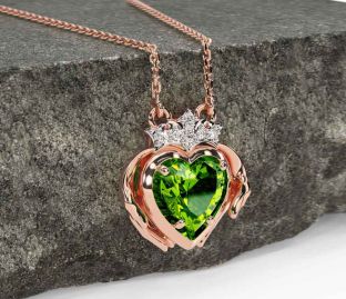 Diamond Peridot Rose Gold Silver Claddagh Necklace