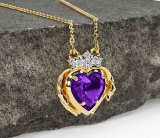 Diamond Amethyst Gold Silver Claddagh Necklace