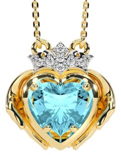Diamond Aquamarine Gold Silver Claddagh Necklace