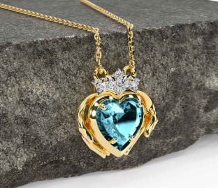 Diamond Aquamarine Gold Silver Claddagh Necklace