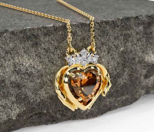 Diamond Citrine Gold Silver Claddagh Necklace
