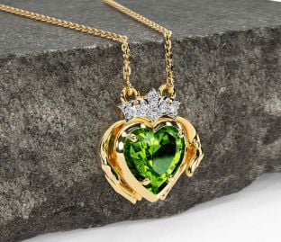 Diamond Peridot Gold Silver Claddagh Necklace