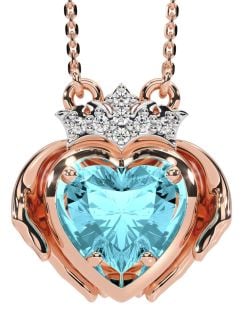 Diamond Aquamarine Rose Gold Claddagh Necklace