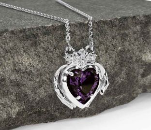 Diamond Alexandrite Silver Claddagh Necklace