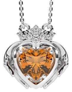 Diamond Citrine Silver Claddagh Necklace