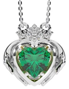 Diamond Emerald Silver Claddagh Necklace
