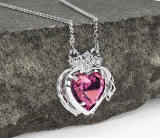 Diamond Pink Tourmaline Silver Claddagh Necklace
