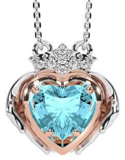 Diamond Aquamarine Rose Gold Silver Claddagh Necklace