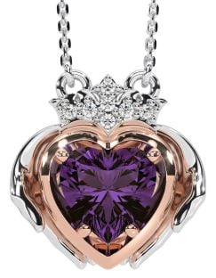 Diamond Alexandrite Rose Gold Silver Claddagh Necklace