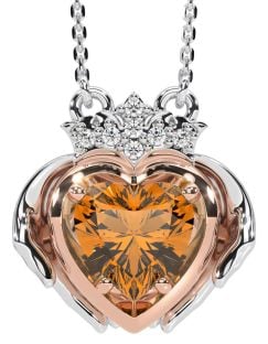 Diamond Citrine Rose Gold Silver Claddagh Necklace