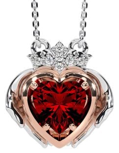 Diamond Garnet Rose Gold Silver Claddagh Necklace