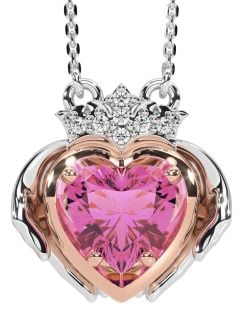 Diamond Pink Tourmaline Rose Gold Silver Claddagh Necklace