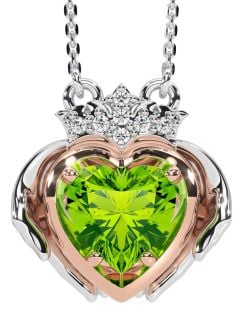 Diamond Peridot Rose Gold Silver Claddagh Necklace