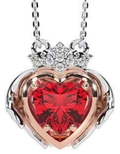 Diamond Ruby Rose Gold Silver Claddagh Necklace