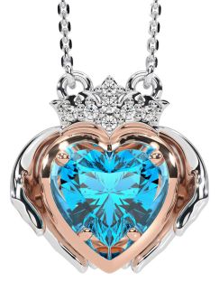 Diamond Topaz Rose Gold Silver Claddagh Necklace