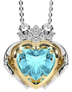 Diamond Aquamarine Gold Silver Claddagh Necklace