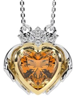 Diamond Citrine Gold Silver Claddagh Necklace