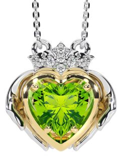 Diamond Peridot Gold Silver Claddagh Necklace