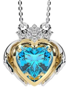 Diamond Topaz Gold Silver Claddagh Necklace