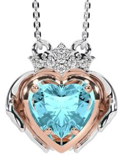 Diamond Aquamarine White Rose Gold Claddagh Necklace