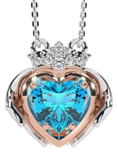 Diamond Topaz White Rose Gold Claddagh Necklace