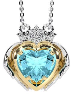 Diamond Aquamarine White Yellow Gold Claddagh Necklace