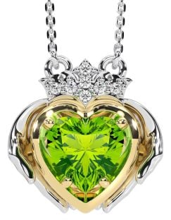 Diamond Peridot White Yellow Gold Claddagh Necklace