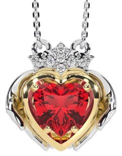 Diamond Ruby White Yellow Gold Claddagh Necklace