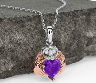 Diamond Amethyst Rose Gold Silver Claddagh Necklace