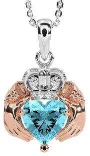 Diamond Aquamarine Rose Gold Silver Claddagh Necklace