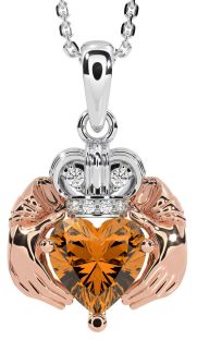 Diamond Citrine Rose Gold Silver Claddagh Necklace