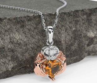 Diamond Citrine Rose Gold Silver Claddagh Necklace