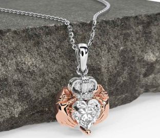 Diamond Rose Gold Silver Claddagh Necklace