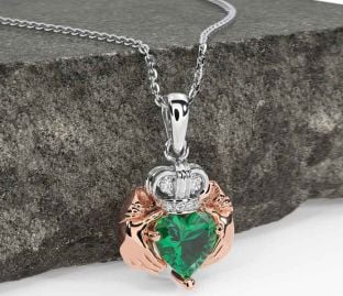 Diamond Emerald Rose Gold Silver Claddagh Necklace