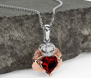 Diamond Garnet Rose Gold Silver Claddagh Necklace