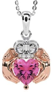 Diamond Pink Tourmaline Rose Gold Silver Claddagh Necklace