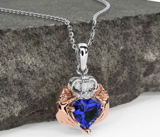 Diamond Sapphire Rose Gold Silver Claddagh Necklace