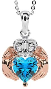 Diamond Topaz Rose Gold Silver Claddagh Necklace