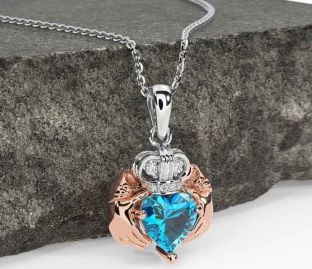 Diamond Topaz Rose Gold Silver Claddagh Necklace