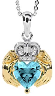 Diamond Aquamarine Gold Silver Claddagh Necklace