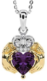 Diamond Alexandrite Gold Silver Claddagh Necklace