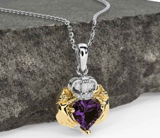 Diamond Alexandrite Gold Silver Claddagh Necklace