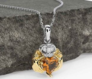 Diamond Citrine Gold Silver Claddagh Necklace