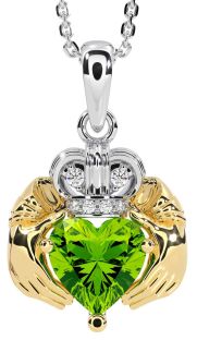 Diamond Peridot Gold Silver Claddagh Necklace