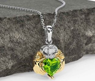 Diamond Peridot Gold Silver Claddagh Necklace