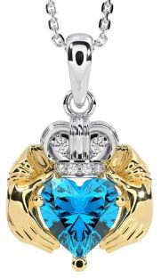 Diamond Topaz Gold Silver Claddagh Necklace