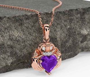 Diamond Amethyst Rose Gold Silver Claddagh Necklace